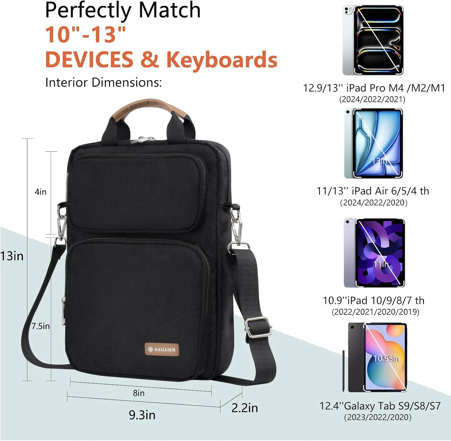 10-13 Inch Tablet Sleeve Bag, Ipad Bag for 13 In/11 in New iPad Pro M4 & 13 in Air M2 2024,iPad Pro 12.9 M2&M1,Ipad 10.9,Galaxy Tab S8 /S9  12.4,with Removable Shoulder Strap(Black)