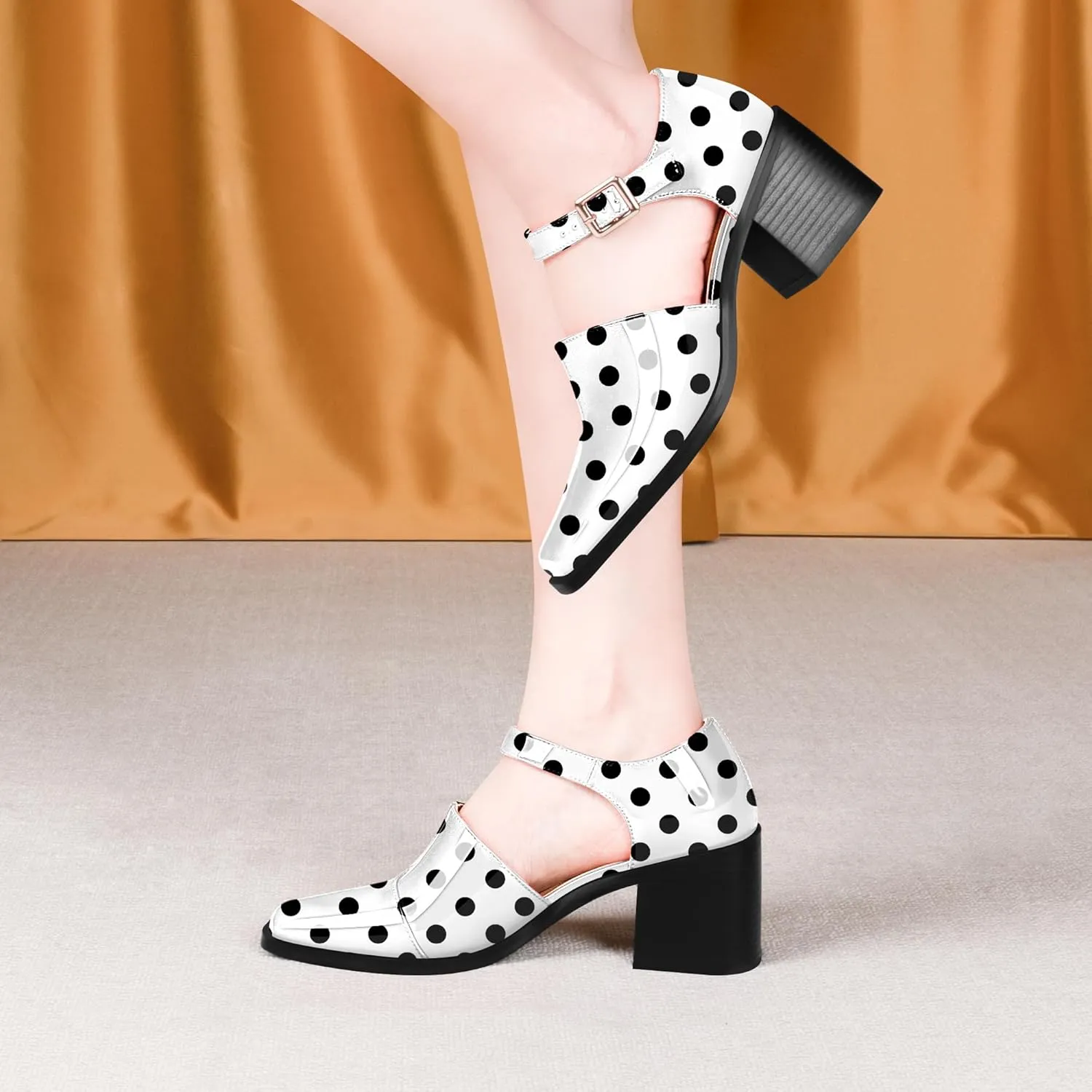 100FIXEO Women's Block High Heel Patent Leather Pumps Square Toe Buckle Strap Glossy Mary Jane Shoes