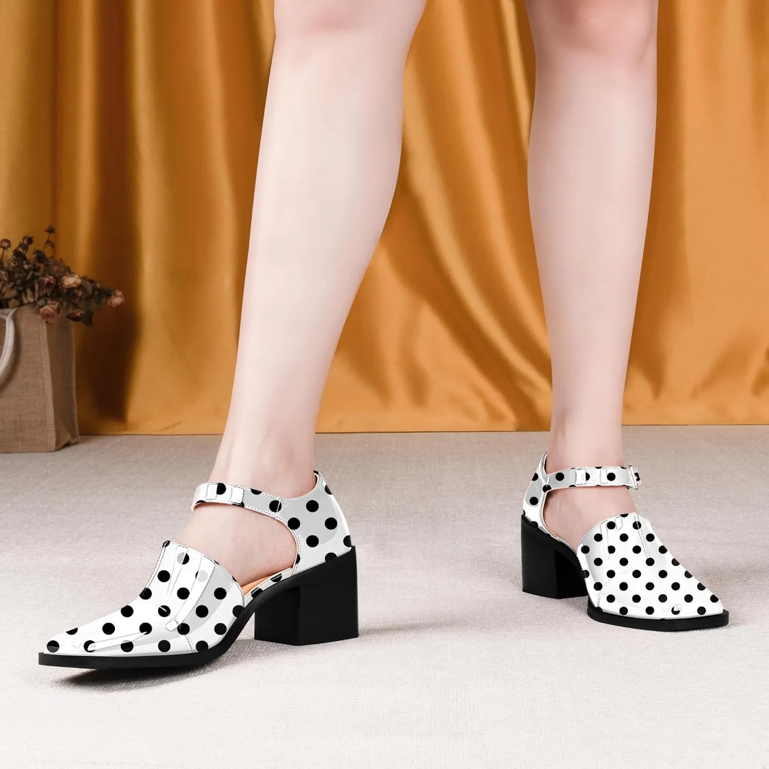 100FIXEO Women's Block High Heel Patent Leather Pumps Square Toe Buckle Strap Glossy Mary Jane Shoes