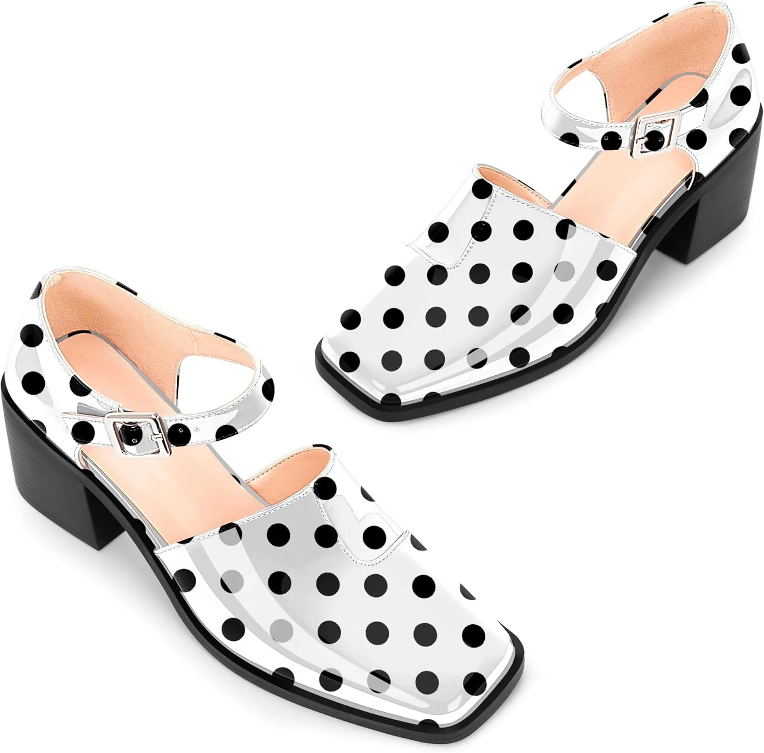 100FIXEO Women's Block High Heel Patent Leather Pumps Square Toe Buckle Strap Glossy Mary Jane Shoes