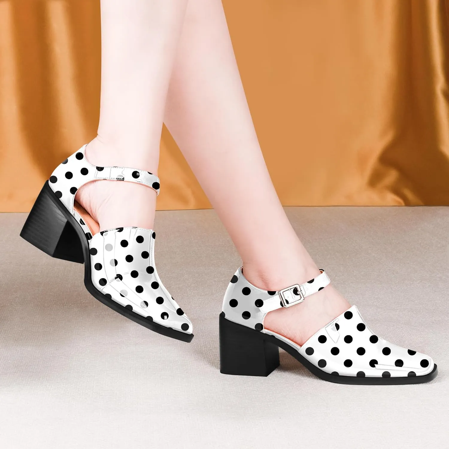 100FIXEO Women's Block High Heel Patent Leather Pumps Square Toe Buckle Strap Glossy Mary Jane Shoes