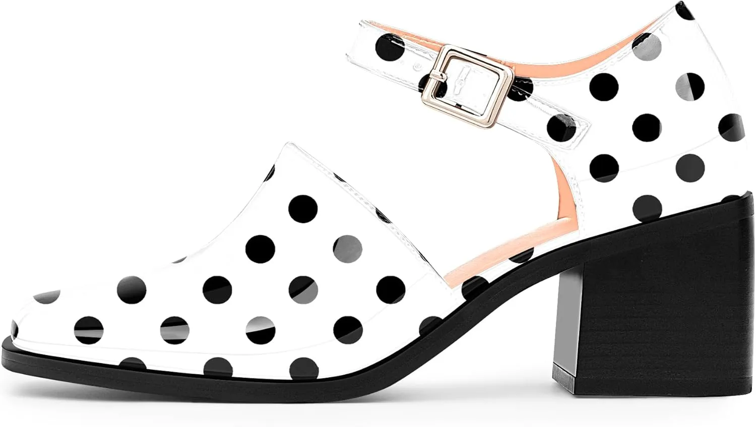 100FIXEO Women's Block High Heel Patent Leather Pumps Square Toe Buckle Strap Glossy Mary Jane Shoes
