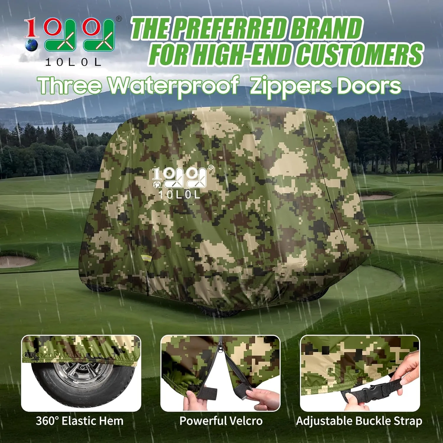 10L0L Waterproof Golf Cart Cover, Universal Fit for Yamaha, EZGO, Club Car & Honda, All-Weather 2/4/2 2 Passenger Protection with Three Zipper Doors