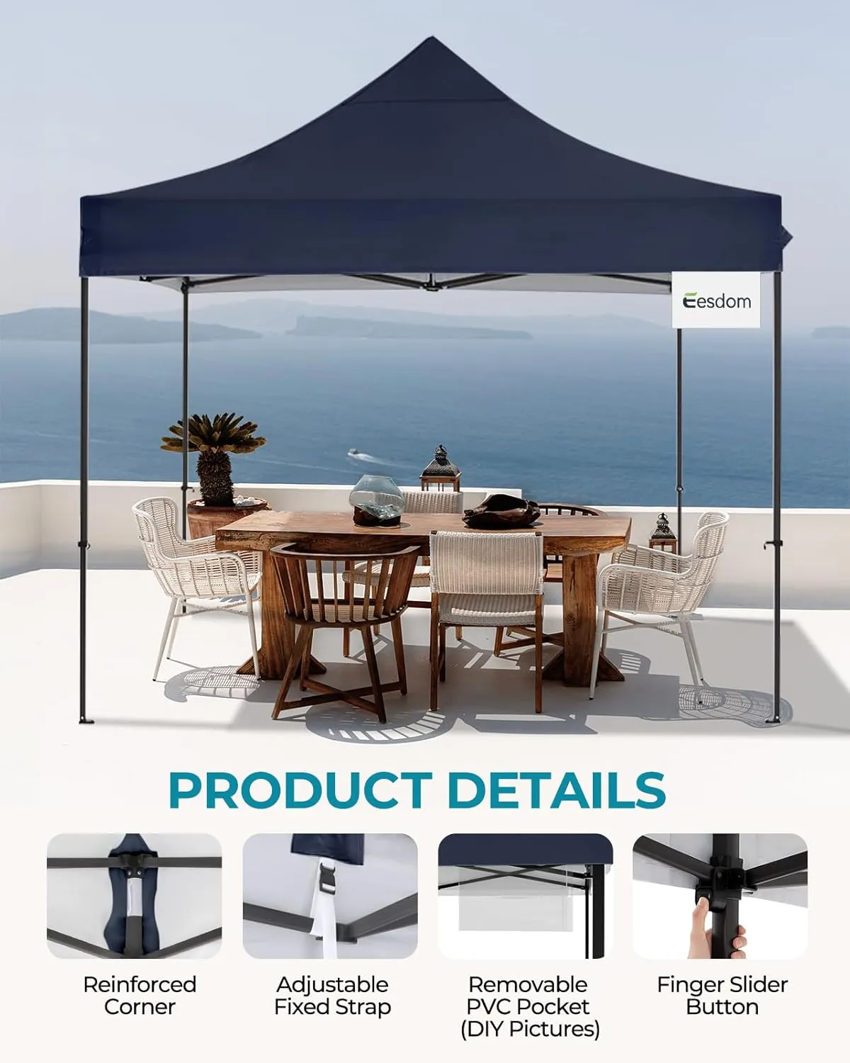 10x10 Pop Up Canopy with Wheeled Bag, Commercial Portable Canopy Tent, Easy Set Up, 4 Stakes & 4Sandbags & 4 Ropes, Waterproof Outdoor Shelter for Market, Parties, Navy Blue