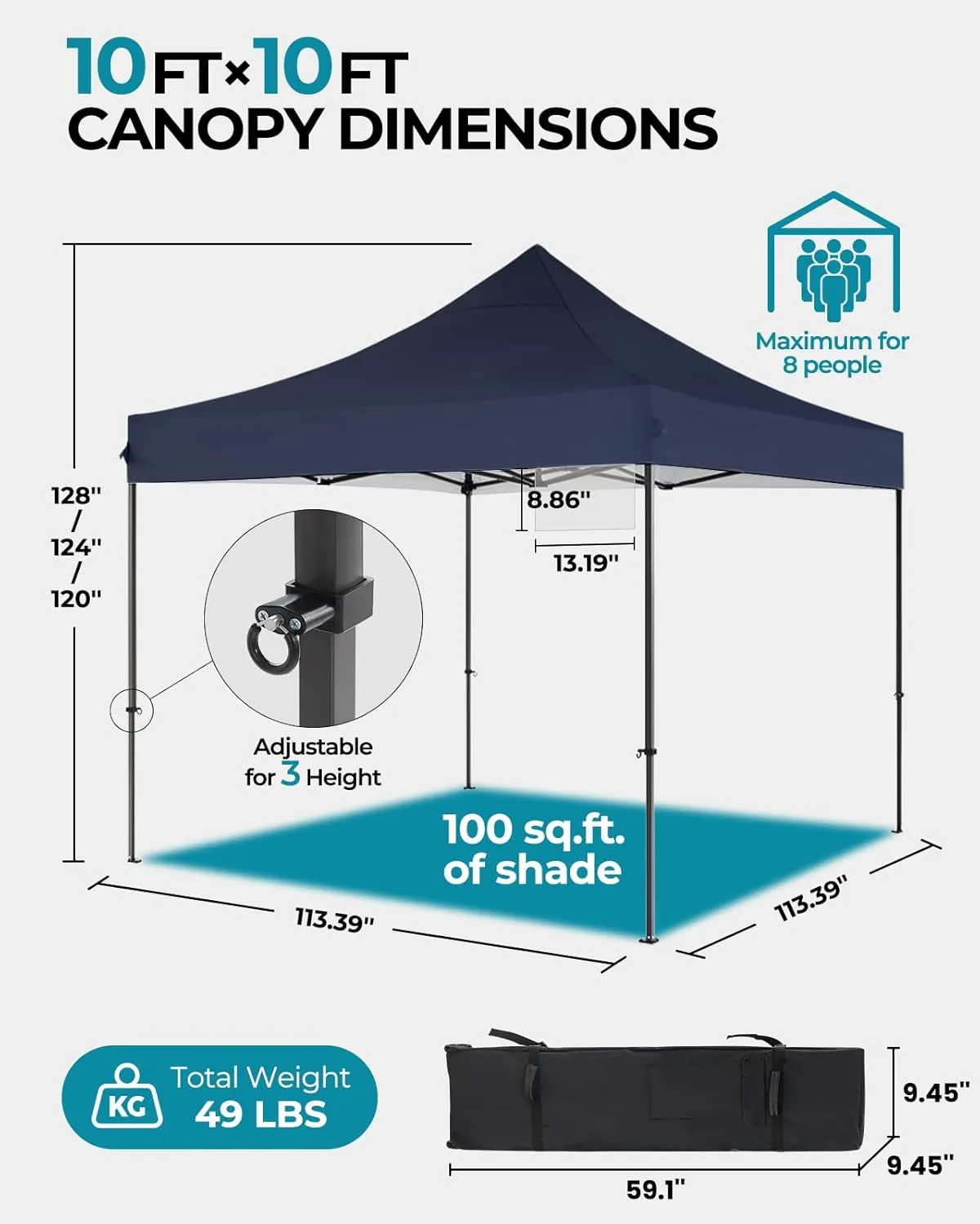 10x10 Pop Up Canopy with Wheeled Bag, Commercial Portable Canopy Tent, Easy Set Up, 4 Stakes & 4Sandbags & 4 Ropes, Waterproof Outdoor Shelter for Market, Parties, Navy Blue