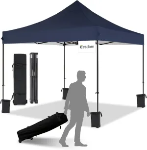 10x10 Pop Up Canopy with Wheeled Bag, Commercial Portable Canopy Tent, Easy Set Up, 4 Stakes & 4Sandbags & 4 Ropes, Waterproof Outdoor Shelter for Market, Parties, Navy Blue