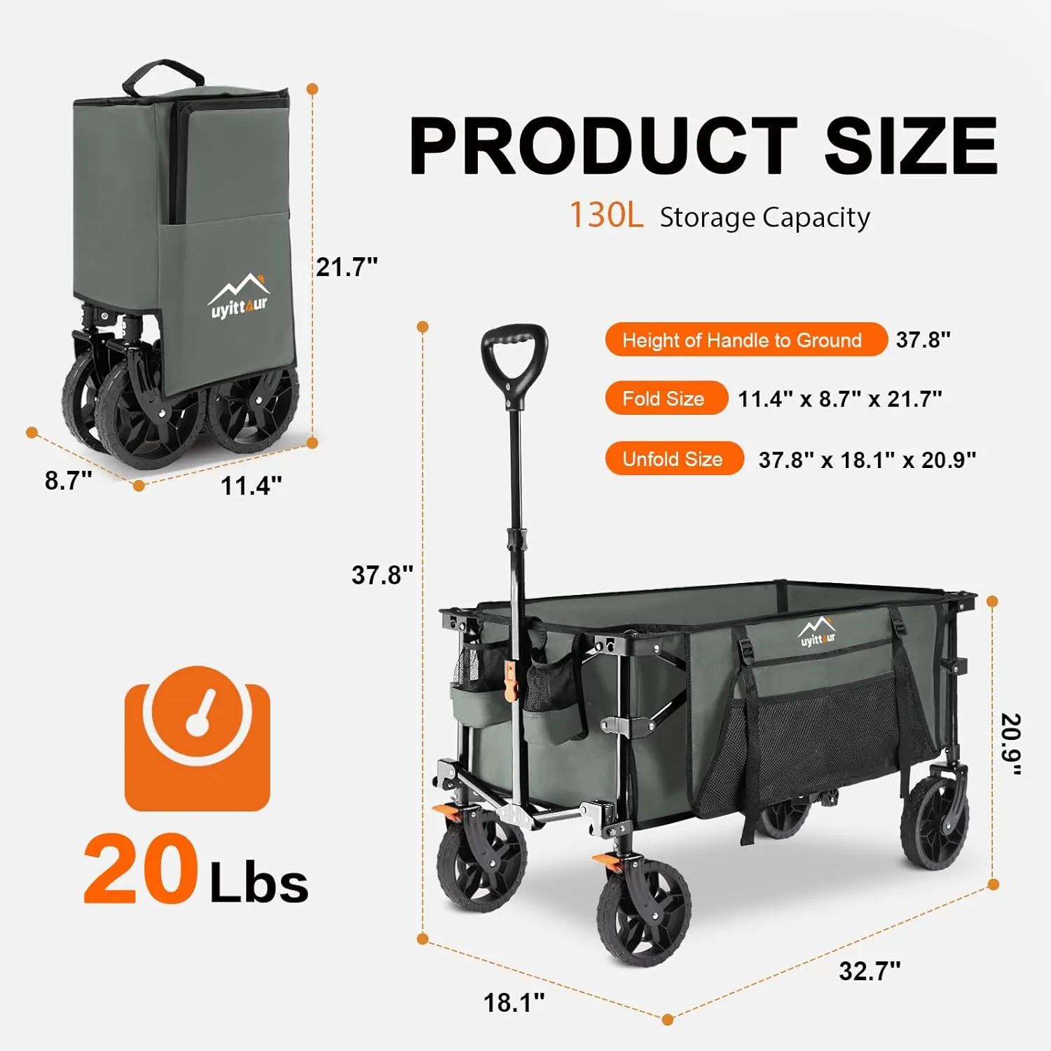 140L Collapsible Wagon Cart Foldable, Folding Utility Grocery Cart with Side Pocket and Brakes for Shopping, Sports, Camping and Garden, Grey
