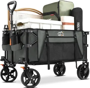 140L Collapsible Wagon Cart Foldable, Folding Utility Grocery Cart with Side Pocket and Brakes for Shopping, Sports, Camping and Garden, Grey