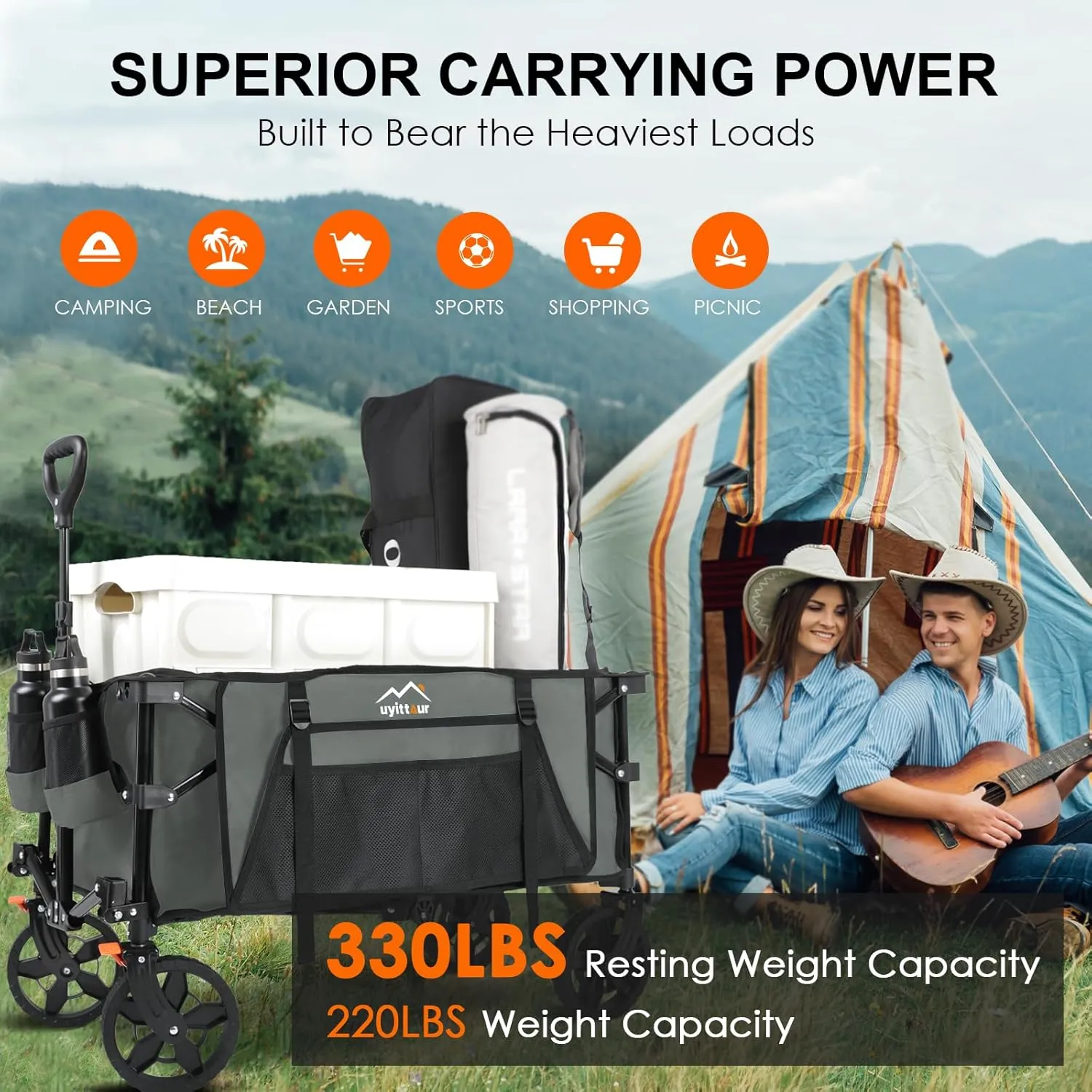 140L Collapsible Wagon Cart Foldable, Folding Utility Grocery Cart with Side Pocket and Brakes for Shopping, Sports, Camping and Garden, Grey