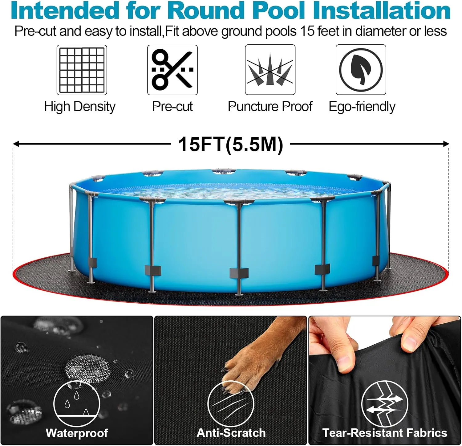 15 FT Round Pool Liner Pad for Above Ground Swimming Pool, Under Pool Floor Liner Underlayment Pad, Outdoor Pool Mat for Above Ground Pool Pad, Prevents Punctures Pool Mat Protector Tarp