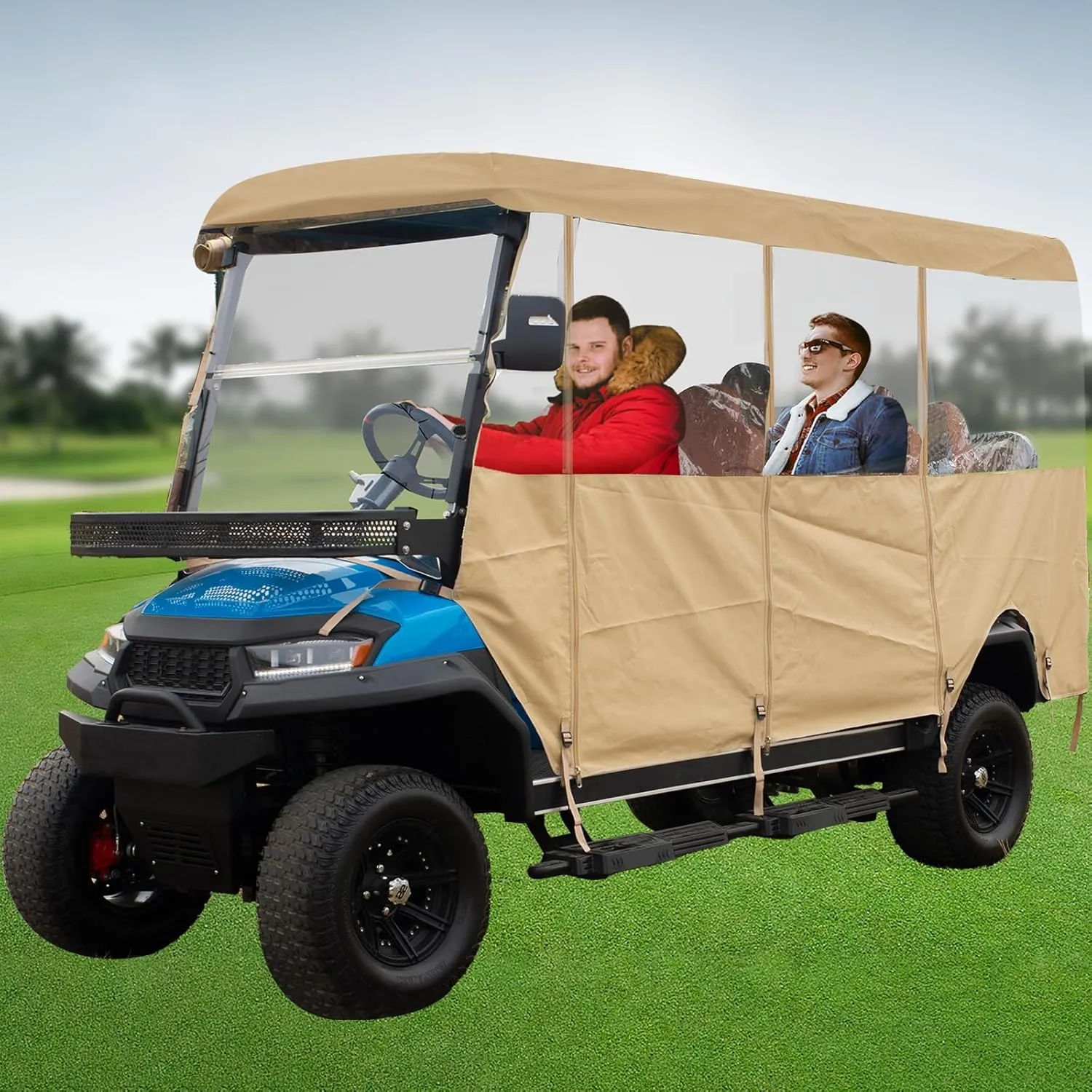6 Passenger Golf Cart Enclosure Rain Cover for Club Car EZGO Yamaha, Long Roof 118 in, Universal Six Seater Person Golfcart Winter Weather Poncho Waterproof, Zippered Sided Doors, Clear Windows