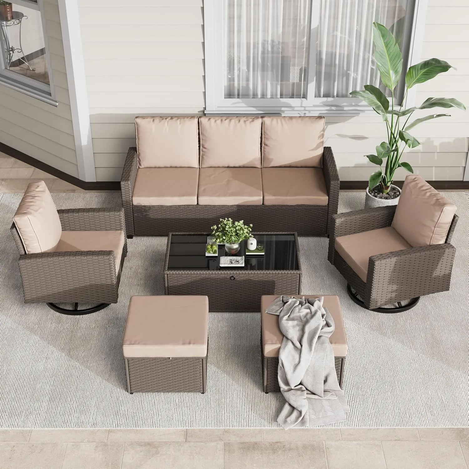 6 Piece Outdoor Patio Furniture Set, Outdoor Wicker Rattan Sofa with Swivel Chairs, Ottomans, Comfy Cushions, Coffee Table, All Weather Conversation Set for Garden, Backyard - Brown Rattan/Khaki