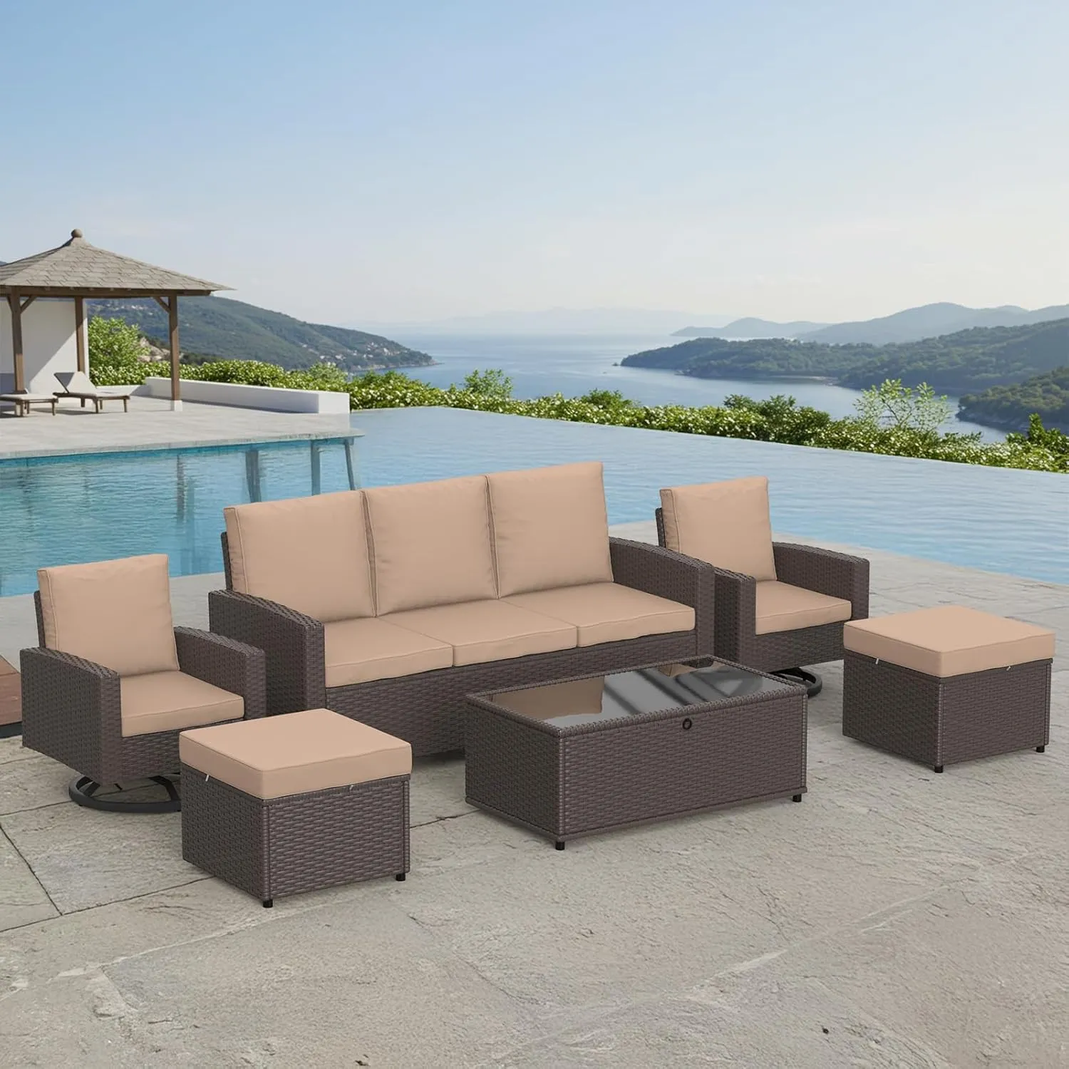 6 Piece Outdoor Patio Furniture Set, Outdoor Wicker Rattan Sofa with Swivel Chairs, Ottomans, Comfy Cushions, Coffee Table, All Weather Conversation Set for Garden, Backyard - Brown Rattan/Khaki