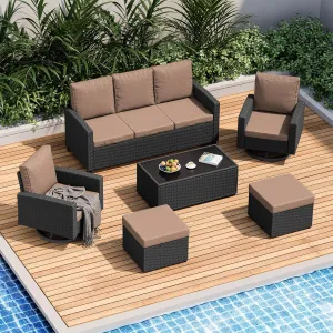 6 Piece Outdoor Patio Furniture Set, Outdoor Wicker Rattan Sofa with Swivel Chairs, Ottomans, Comfy Cushions, Coffee Table, All Weather Conversation Set for Garden, Backyard - Brown Rattan/Khaki