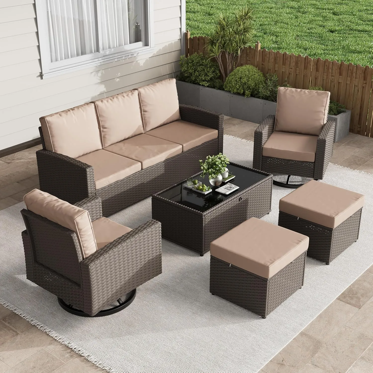6 Piece Outdoor Patio Furniture Set, Outdoor Wicker Rattan Sofa with Swivel Chairs, Ottomans, Comfy Cushions, Coffee Table, All Weather Conversation Set for Garden, Backyard - Brown Rattan/Khaki