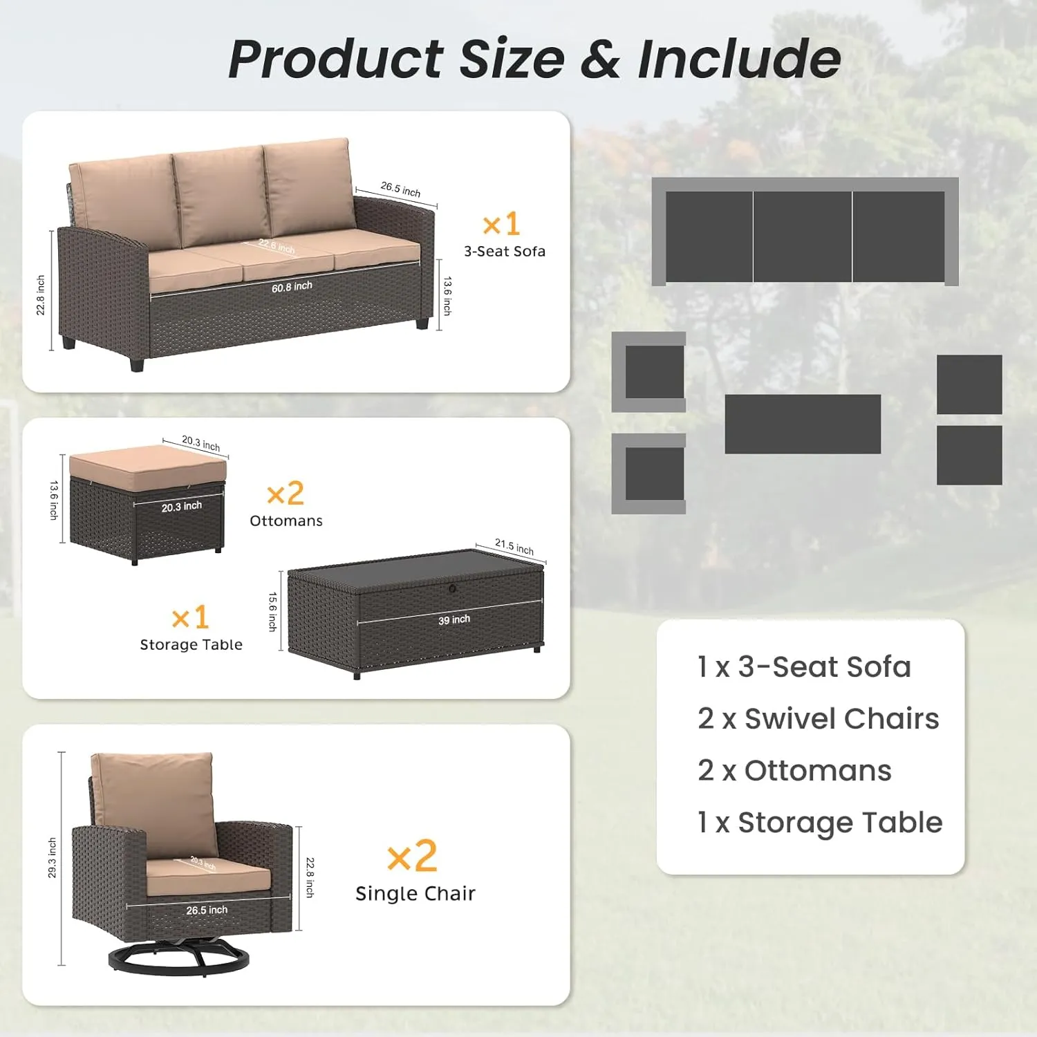 6 Piece Outdoor Patio Furniture Set, Outdoor Wicker Rattan Sofa with Swivel Chairs, Ottomans, Comfy Cushions, Coffee Table, All Weather Conversation Set for Garden, Backyard - Brown Rattan/Khaki