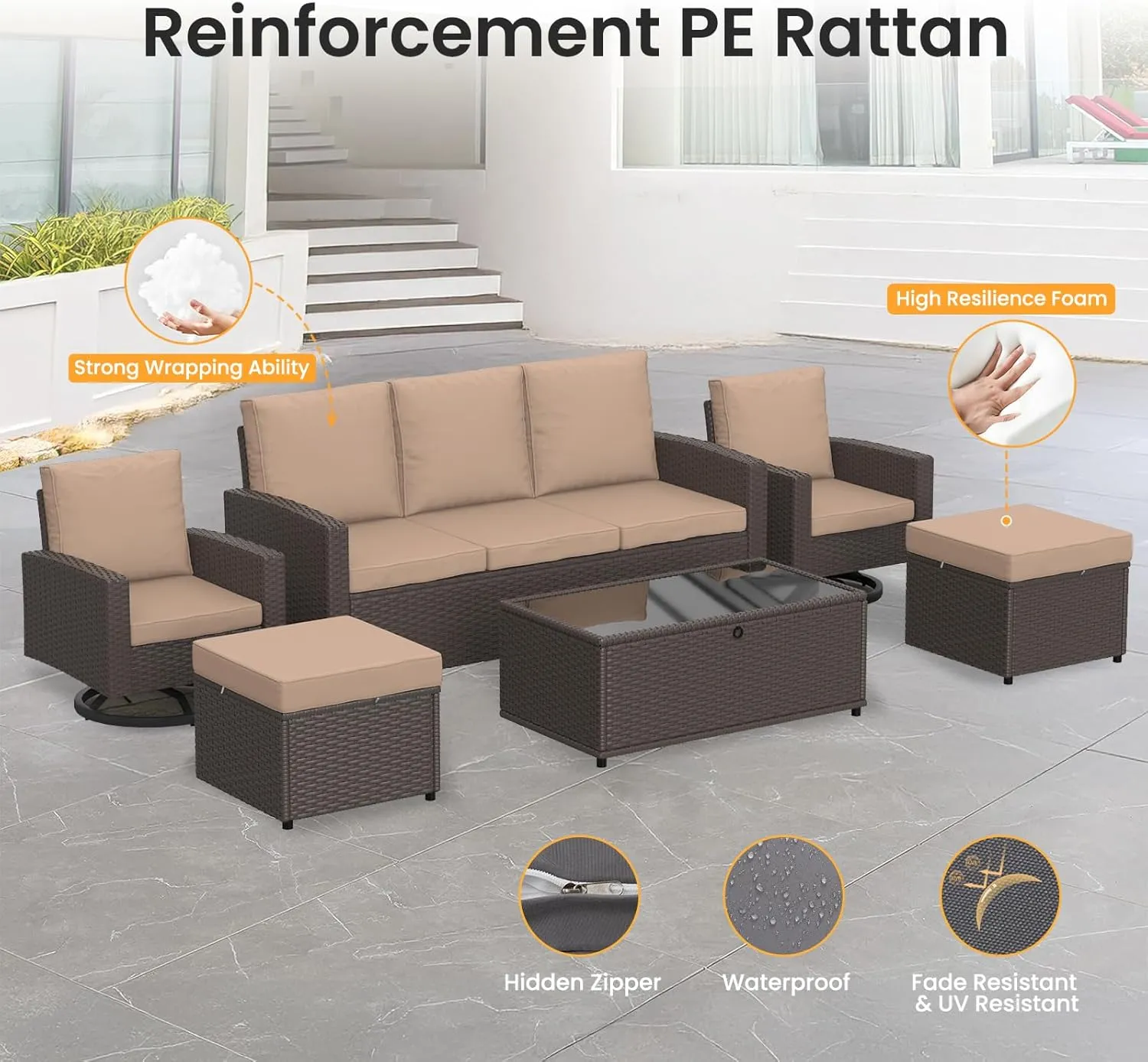6 Piece Outdoor Patio Furniture Set, Outdoor Wicker Rattan Sofa with Swivel Chairs, Ottomans, Comfy Cushions, Coffee Table, All Weather Conversation Set for Garden, Backyard - Brown Rattan/Khaki