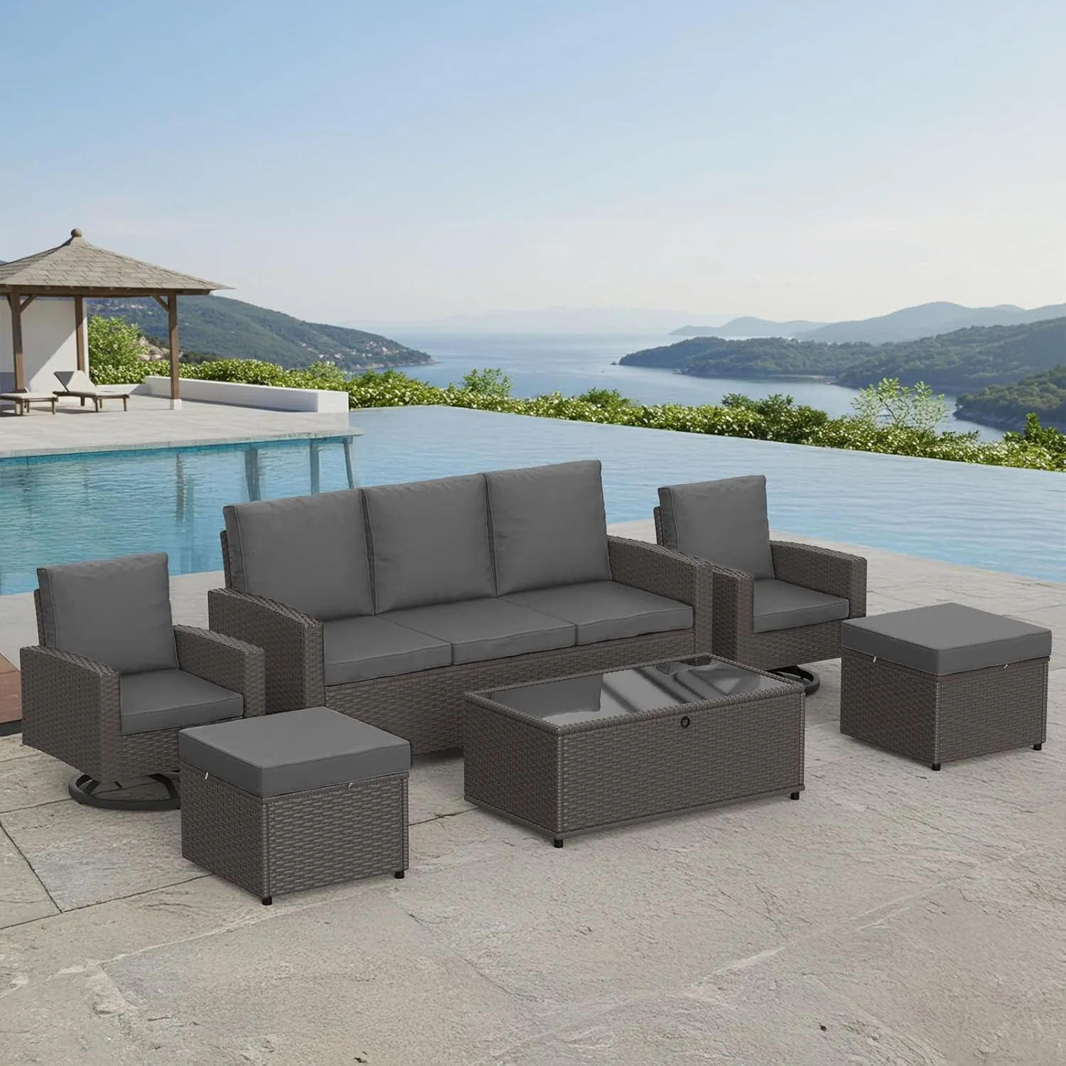 6-Piece Outdoor Patio Furniture Set with Swivel Chairs & Ottomans, All-Weather Wicker Rattan Sofa with Cushions and Coffee Table, Conversation Set for Backyard, Deck, Garden –Brown/Gray