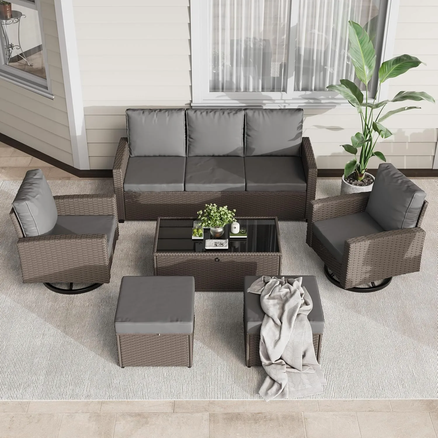 6-Piece Outdoor Patio Furniture Set with Swivel Chairs & Ottomans, All-Weather Wicker Rattan Sofa with Cushions and Coffee Table, Conversation Set for Backyard, Deck, Garden –Brown/Gray
