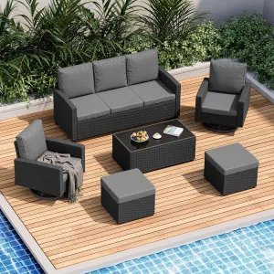 6-Piece Outdoor Patio Furniture Set with Swivel Chairs & Ottomans, All-Weather Wicker Rattan Sofa with Cushions and Coffee Table, Conversation Set for Backyard, Deck, Garden –Brown/Gray