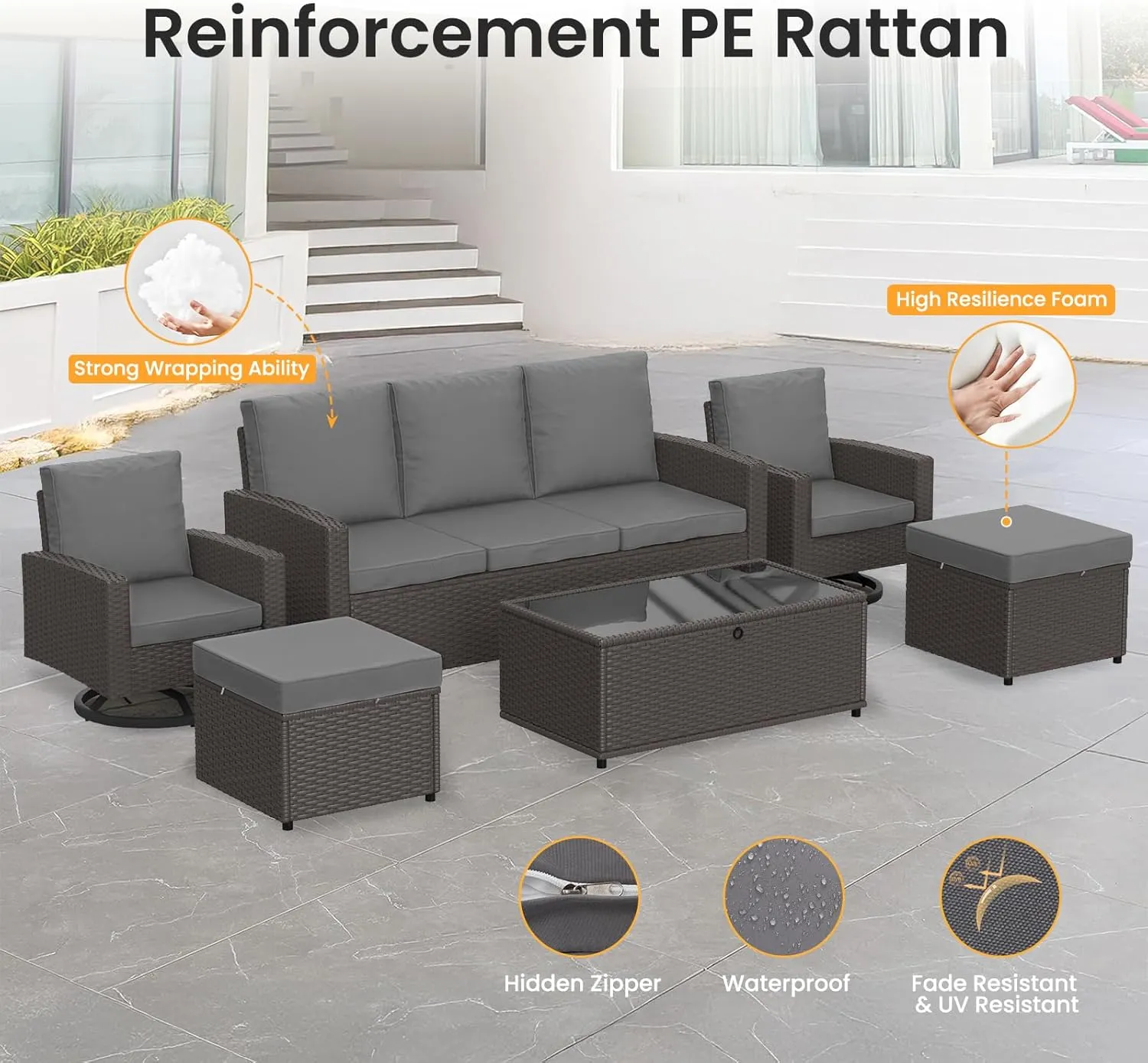 6-Piece Outdoor Patio Furniture Set with Swivel Chairs & Ottomans, All-Weather Wicker Rattan Sofa with Cushions and Coffee Table, Conversation Set for Backyard, Deck, Garden –Brown/Gray