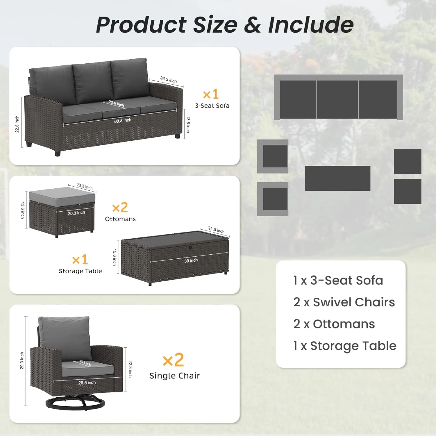 6-Piece Outdoor Patio Furniture Set with Swivel Chairs & Ottomans, All-Weather Wicker Rattan Sofa with Cushions and Coffee Table, Conversation Set for Backyard, Deck, Garden –Brown/Gray