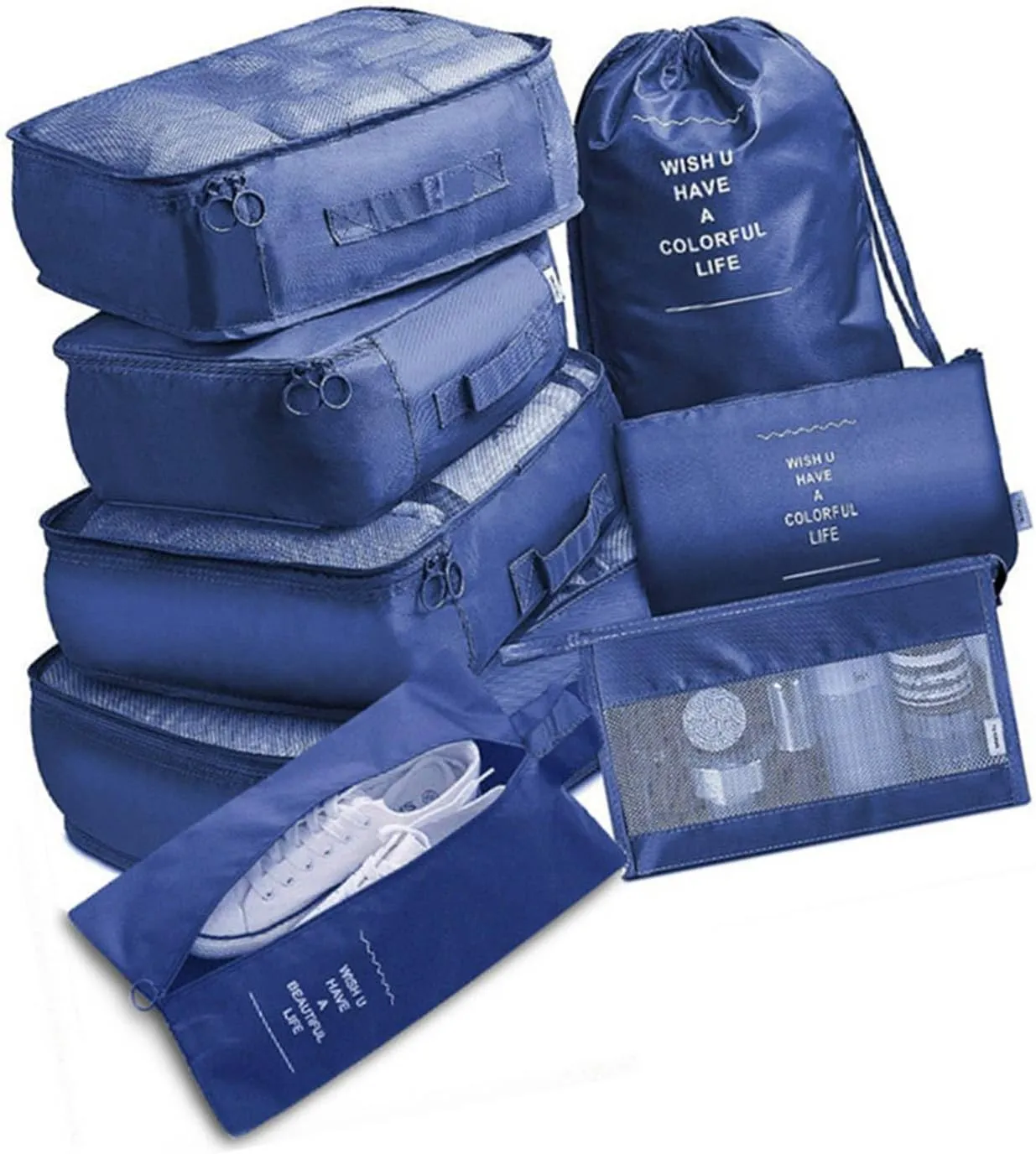 8 Set Packing Cubes, Carry On Luggage Organizer Bags with Shoe Bags Travel Underwear Storage Bag (Navy blue)
