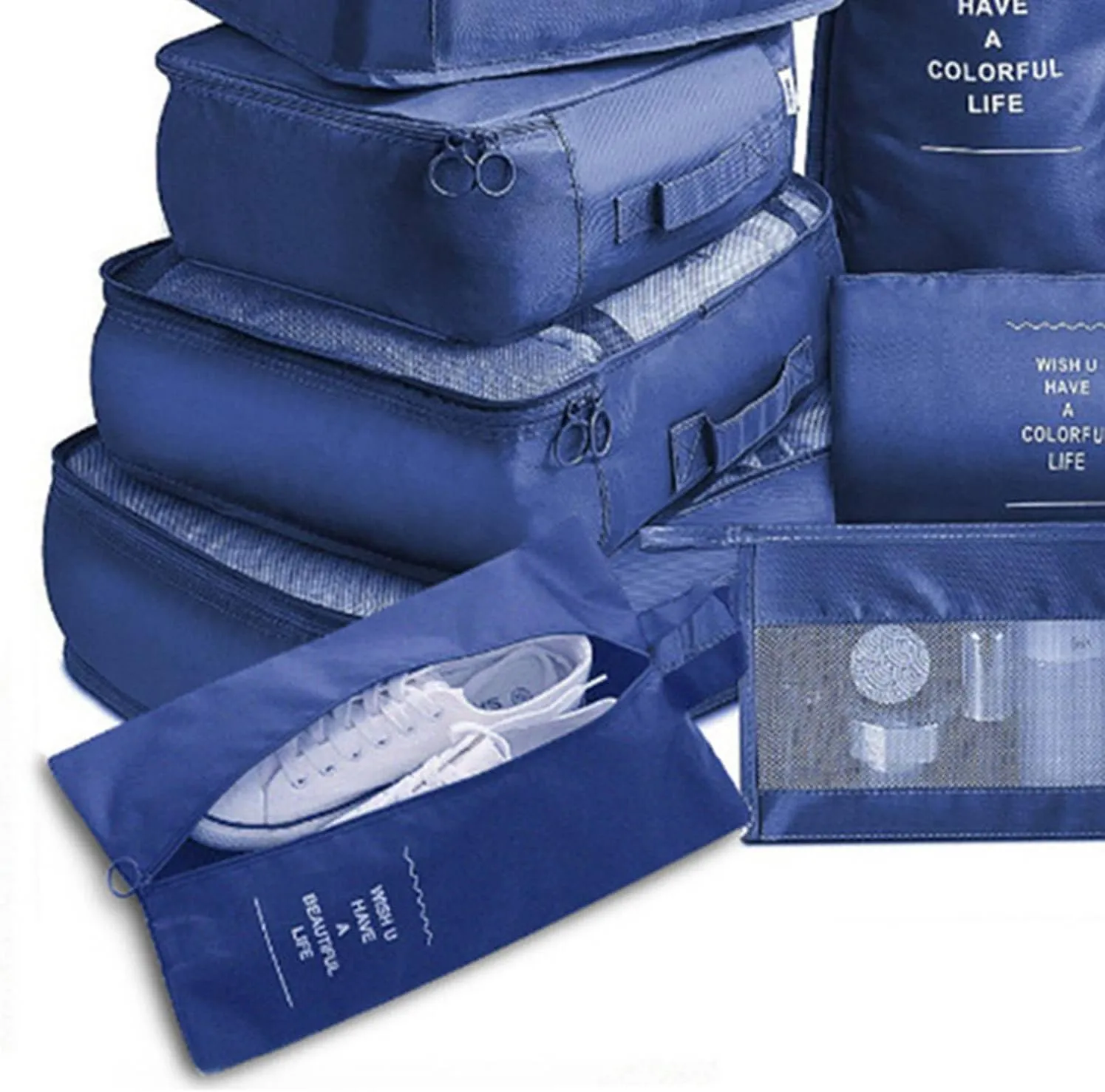 8 Set Packing Cubes, Carry On Luggage Organizer Bags with Shoe Bags Travel Underwear Storage Bag (Navy blue)