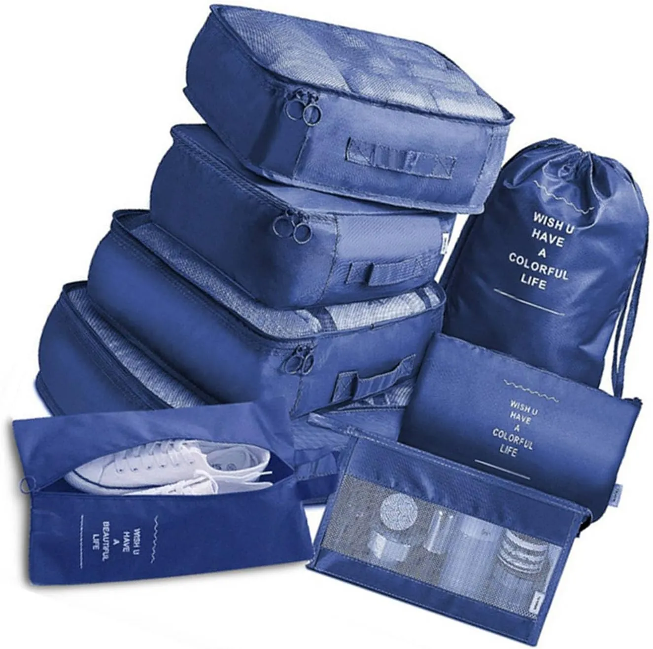 8 Set Packing Cubes, Carry On Luggage Organizer Bags with Shoe Bags Travel Underwear Storage Bag (Navy blue)