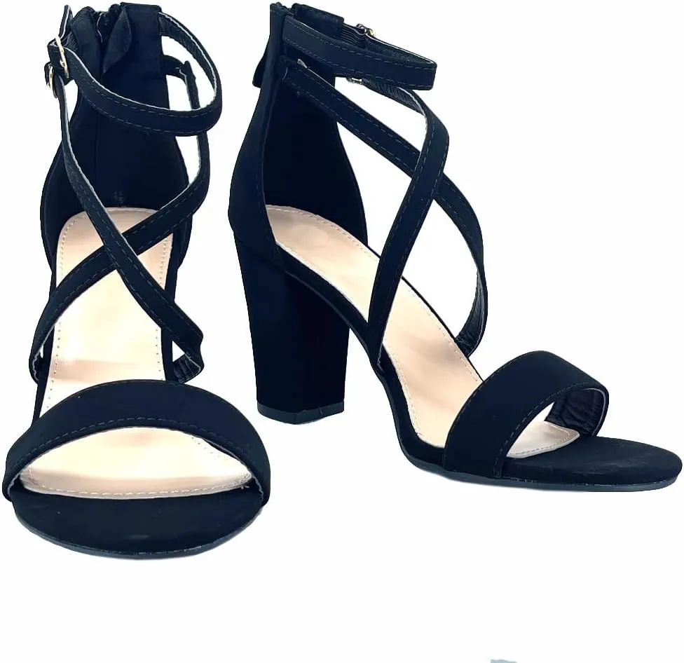ABSOLEX Women Fashion Cross Strap Ankle Strap Open Toe Block High Heel Sandal Wedding/Party/Dressy/Formal Shoe