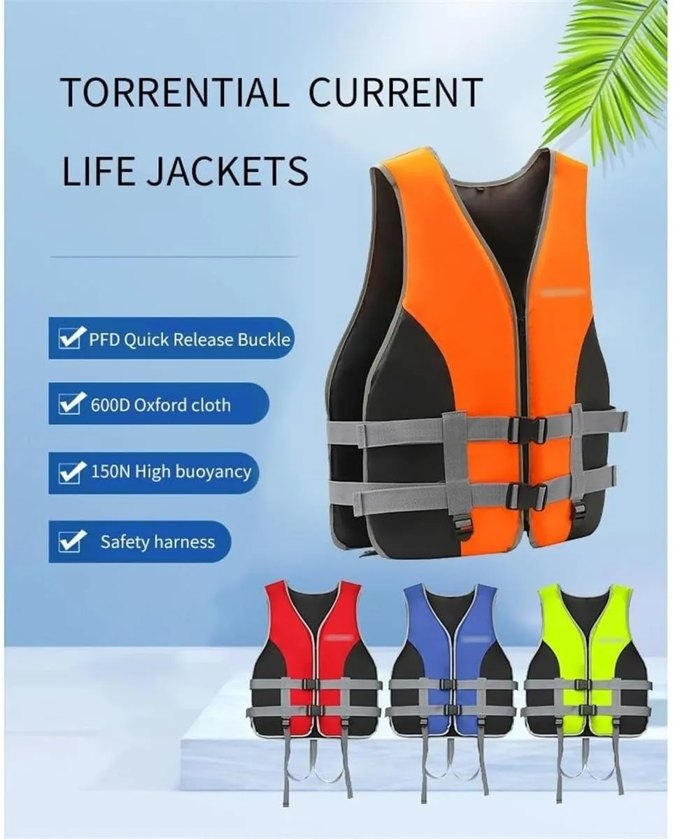Adult Life Jacket with Quick-Release Buckles, 150N Buoyancy Vest, Heavy-Duty Oxford Fabric, Adjustable Straps and Reflective Strips, for Kayaking and Water Sports