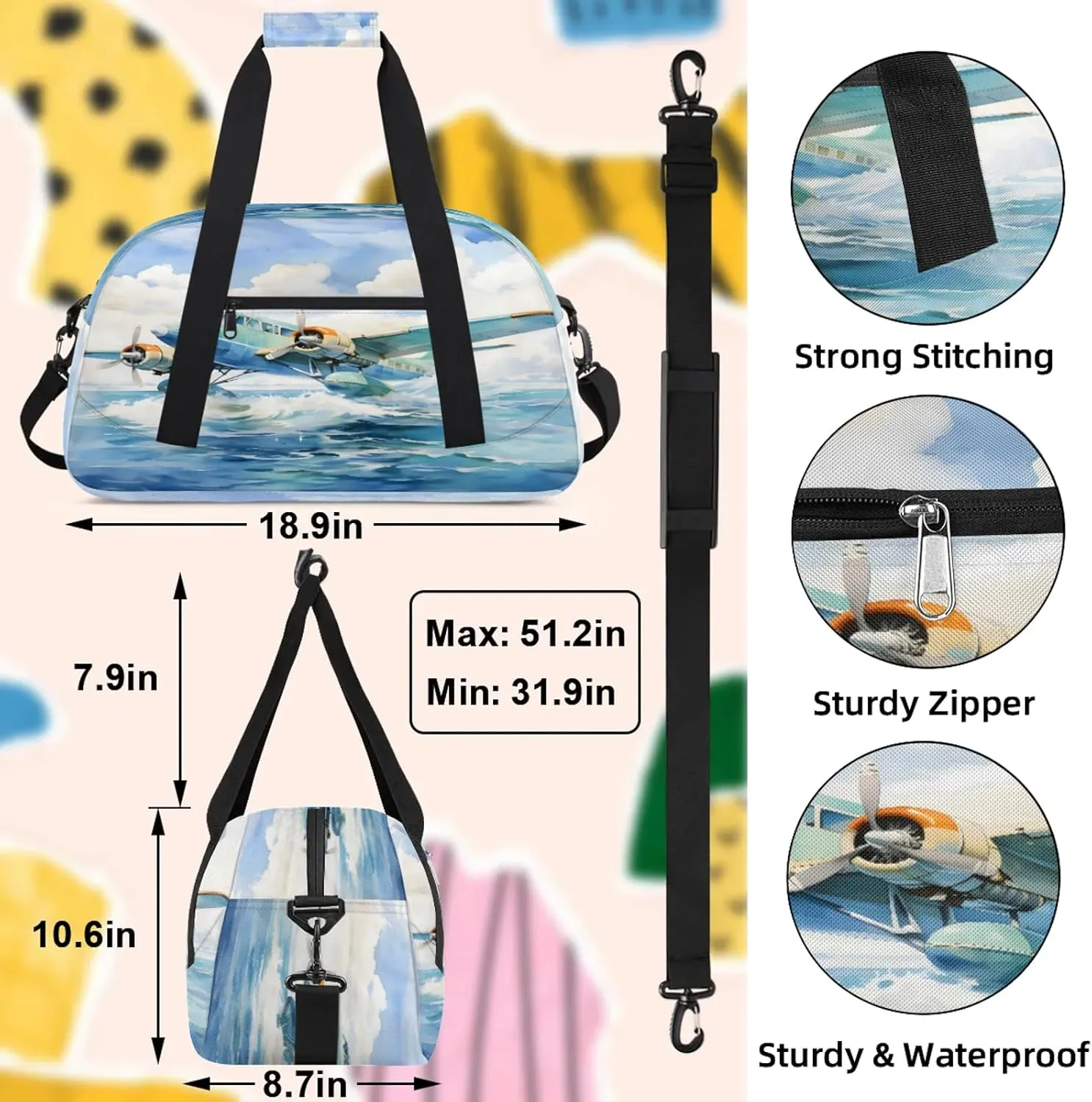 Aircraft Pattern Small Gym Bag 18 inch Carry On Duffel Bag for Weekender Travel Sports Workout Yoga Gymnastics Dance Ballet
