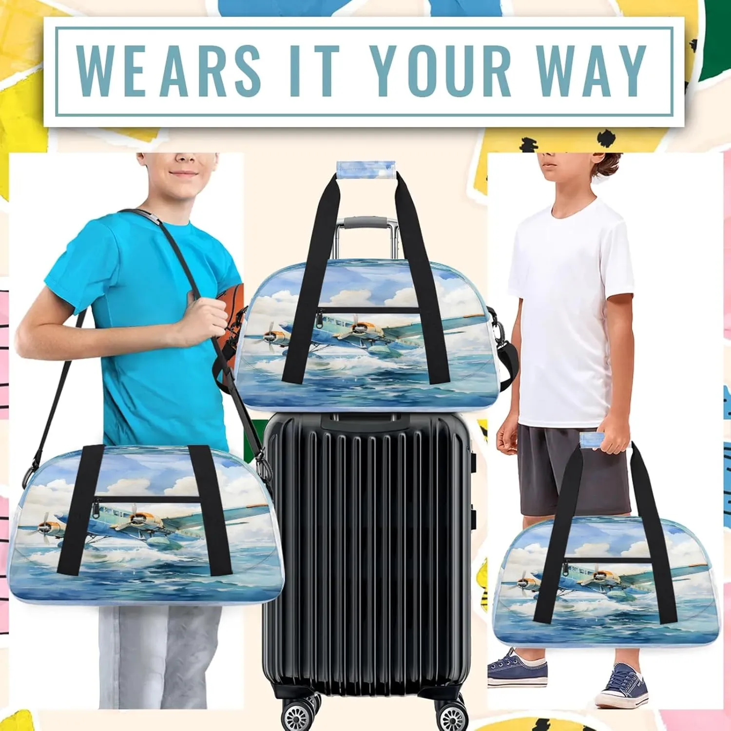 Aircraft Pattern Small Gym Bag 18 inch Carry On Duffel Bag for Weekender Travel Sports Workout Yoga Gymnastics Dance Ballet
