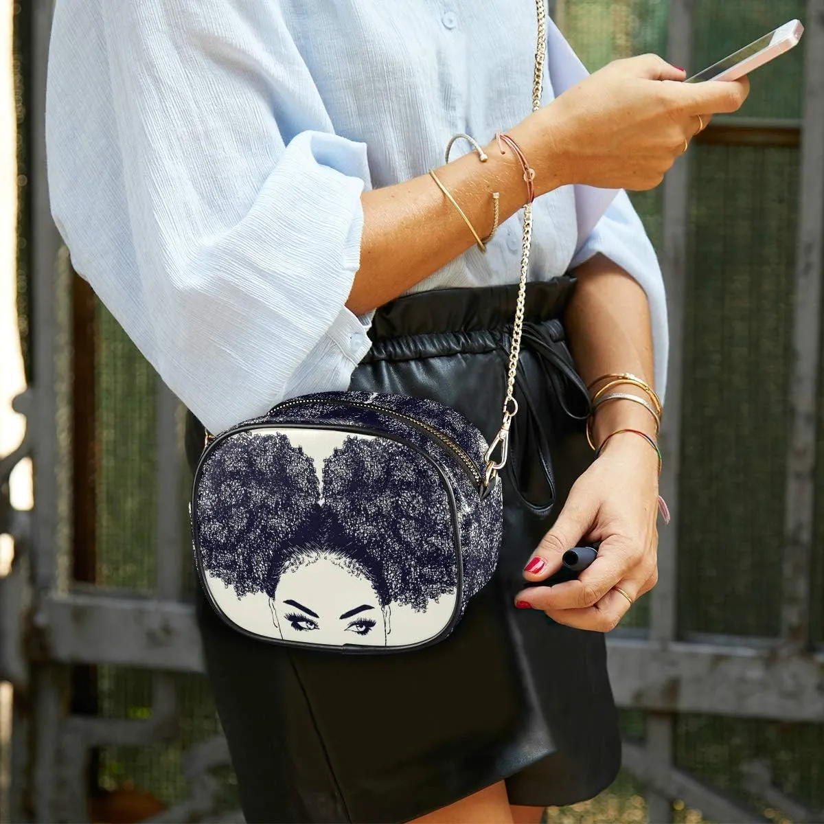 ALAZA PU Leather Small Crossbody Bag Purse Wallet African American Woman With Curly Hair Cell Phone Bags with Adjustable Chain Strap & Multi Pocket