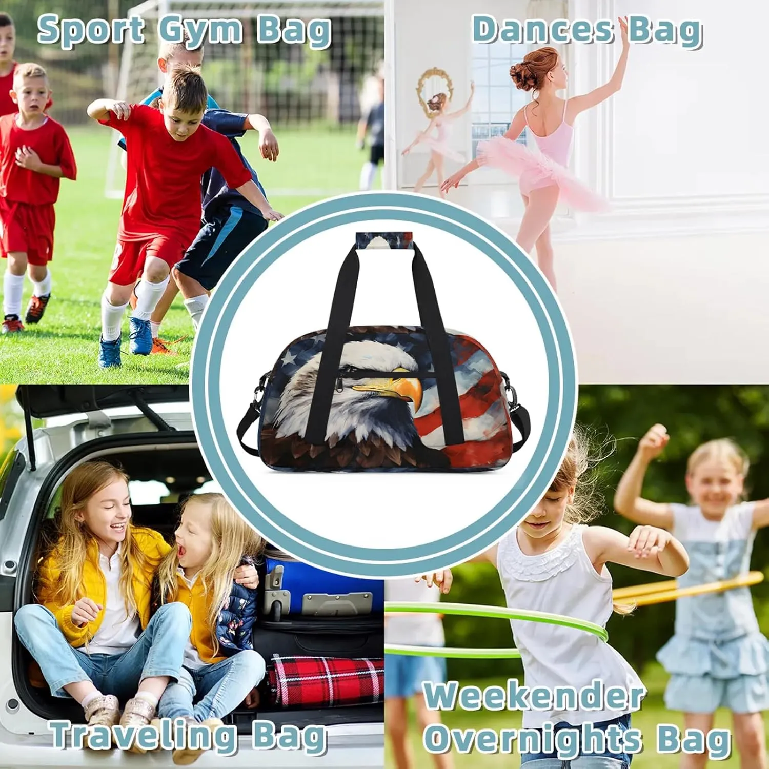 American Flag Eagles Small Gym Bag 18 inch Carry On Duffel Bag for Weekender Travel Sports Workout Yoga Gymnastics Dance Ballet