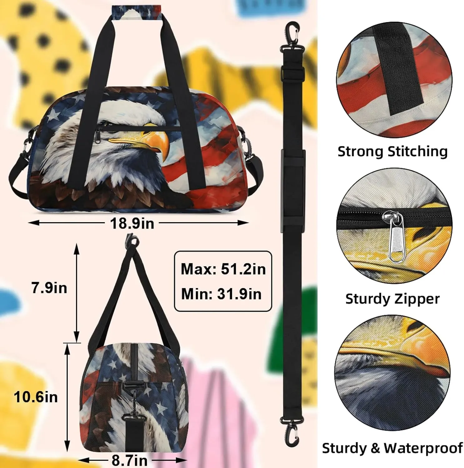 American Flag Eagles Small Gym Bag 18 inch Carry On Duffel Bag for Weekender Travel Sports Workout Yoga Gymnastics Dance Ballet