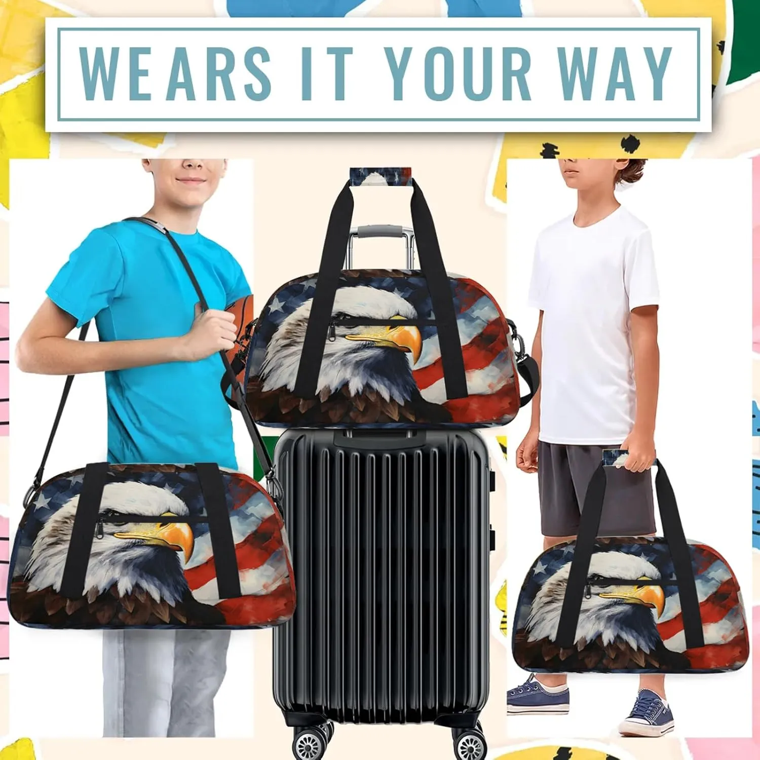 American Flag Eagles Small Gym Bag 18 inch Carry On Duffel Bag for Weekender Travel Sports Workout Yoga Gymnastics Dance Ballet