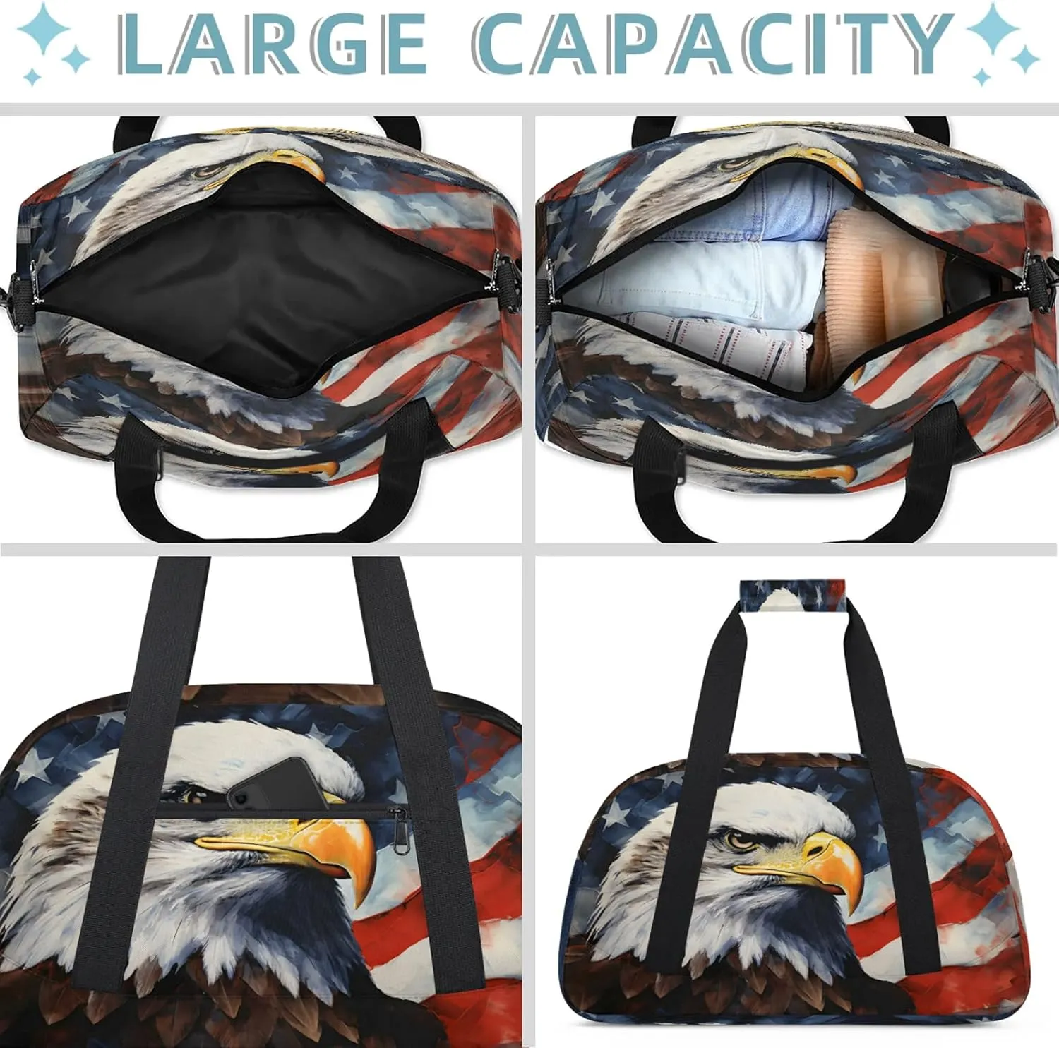 American Flag Eagles Small Gym Bag 18 inch Carry On Duffel Bag for Weekender Travel Sports Workout Yoga Gymnastics Dance Ballet