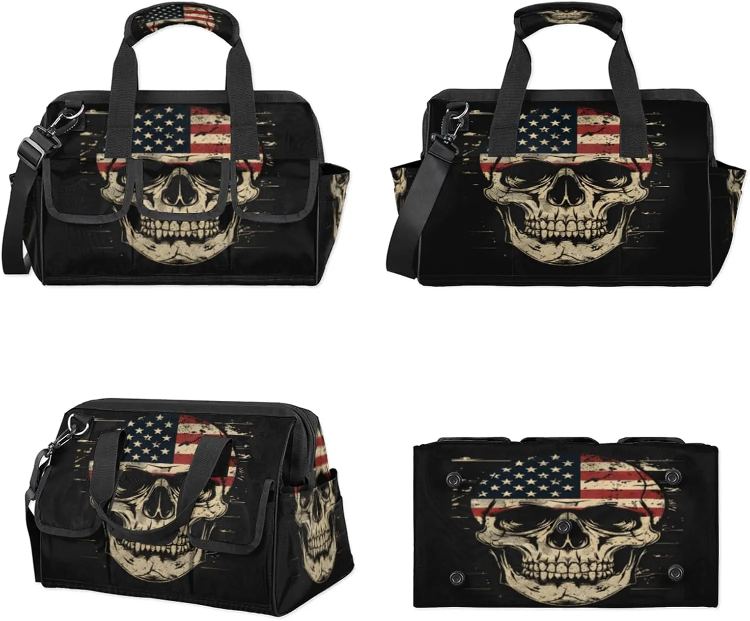 American Flag Skull Heavy Duty Tool Bags for Men and Women 14.8 Inch, Soft Wide Mouth Tool Tote Organizer Bag with Adjustable Shoulder Strap