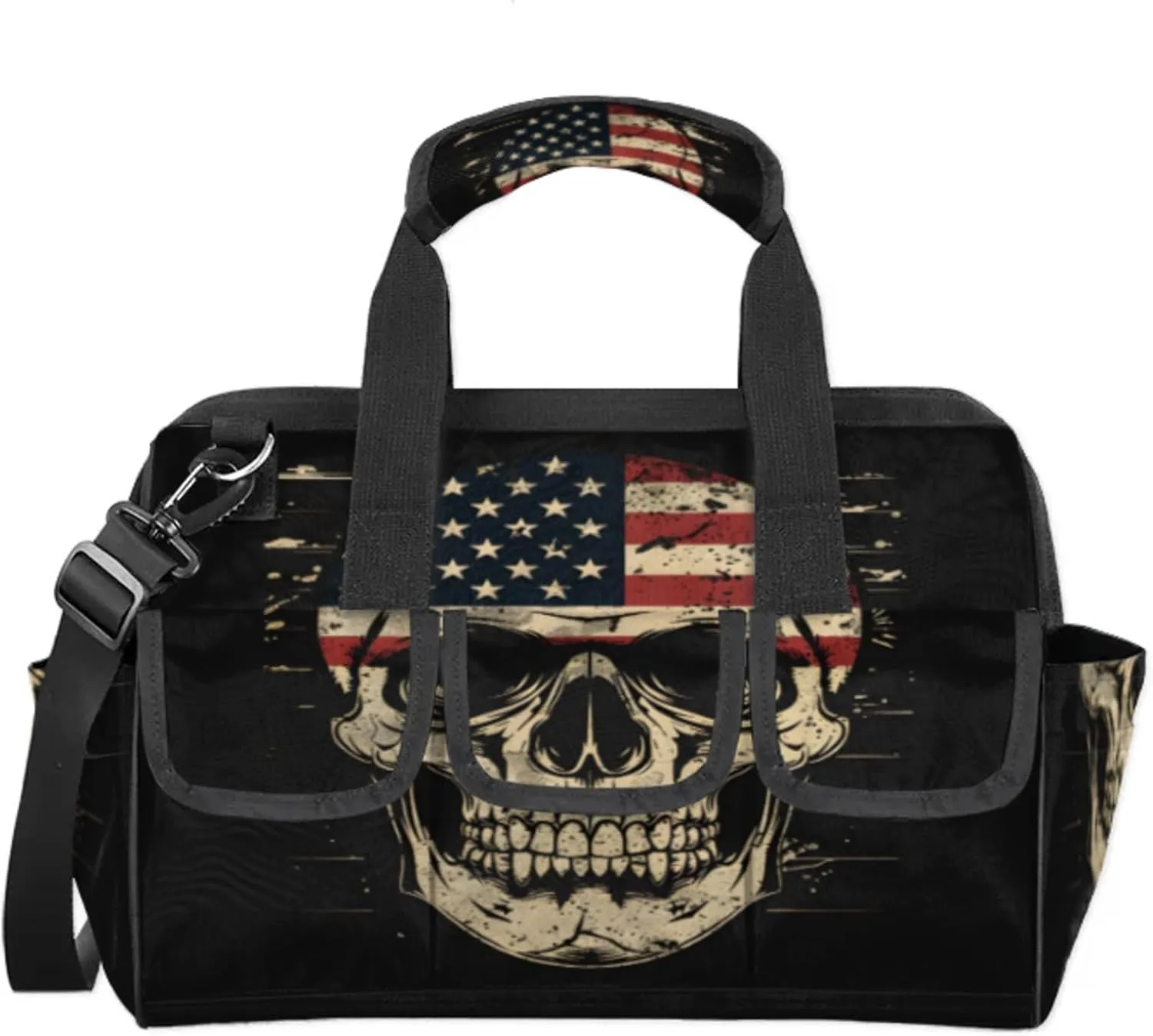 American Flag Skull Heavy Duty Tool Bags for Men and Women 14.8 Inch, Soft Wide Mouth Tool Tote Organizer Bag with Adjustable Shoulder Strap