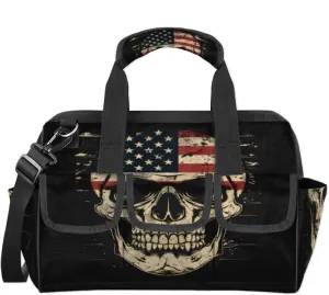 American Flag Skull Heavy Duty Tool Bags for Men and Women 14.8 Inch, Soft Wide Mouth Tool Tote Organizer Bag with Adjustable Shoulder Strap