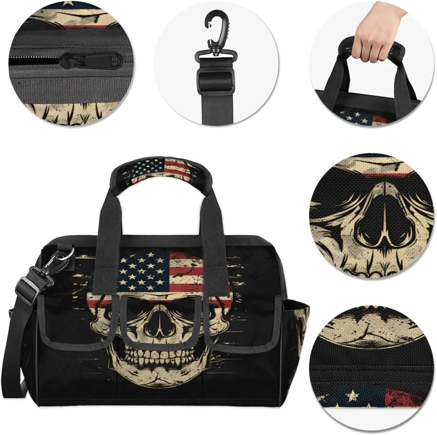 American Flag Skull Heavy Duty Tool Bags for Men and Women 14.8 Inch, Soft Wide Mouth Tool Tote Organizer Bag with Adjustable Shoulder Strap