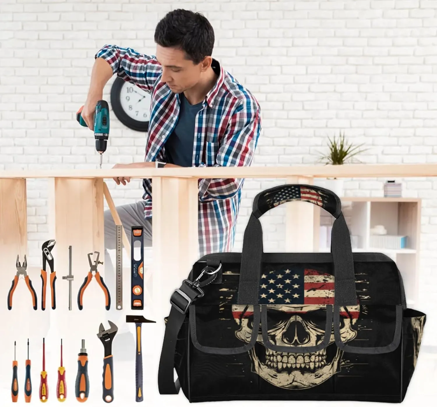 American Flag Skull Heavy Duty Tool Bags for Men and Women 14.8 Inch, Soft Wide Mouth Tool Tote Organizer Bag with Adjustable Shoulder Strap