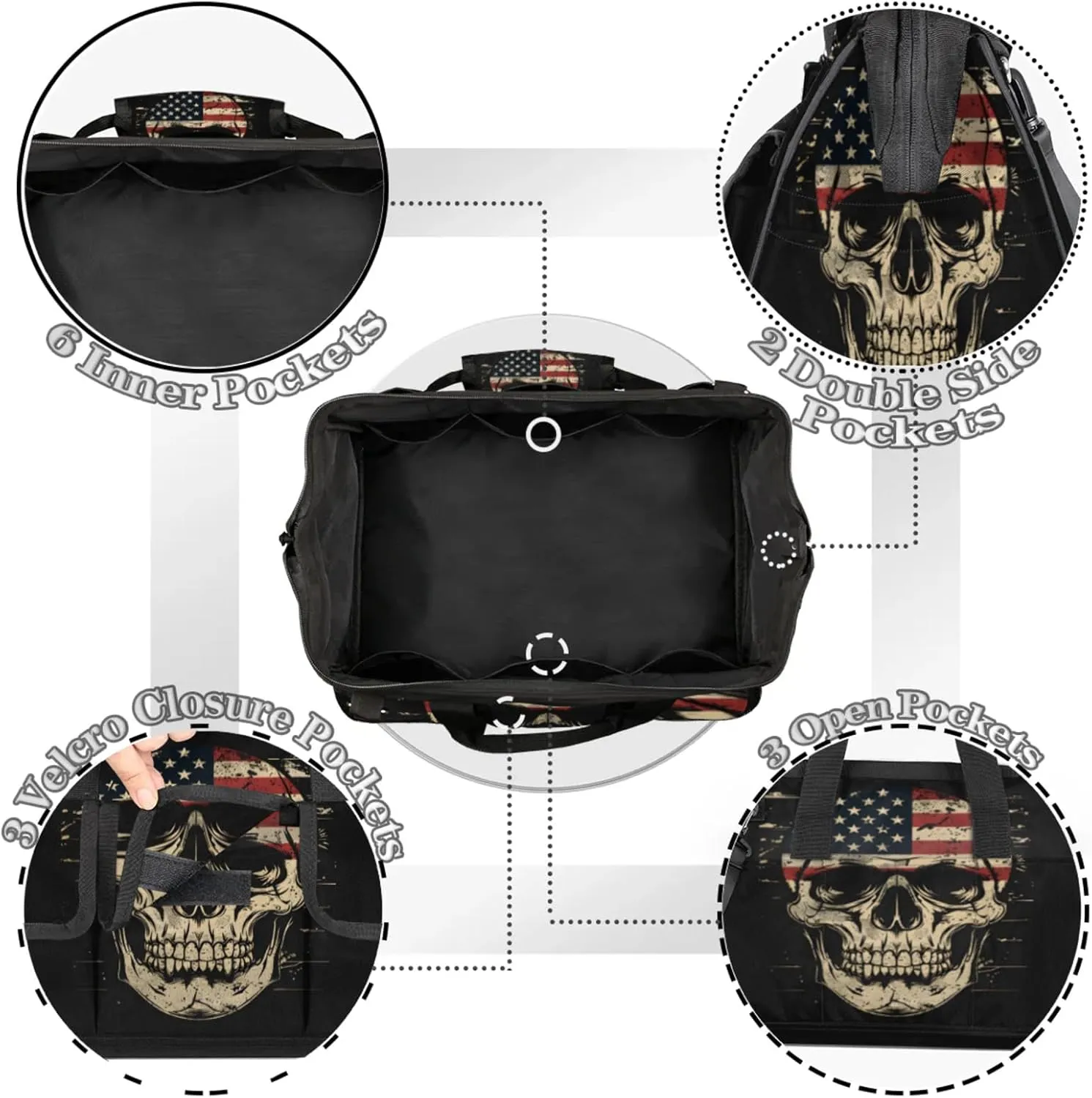American Flag Skull Heavy Duty Tool Bags for Men and Women 14.8 Inch, Soft Wide Mouth Tool Tote Organizer Bag with Adjustable Shoulder Strap