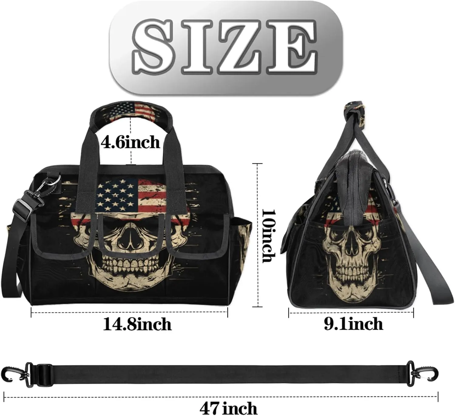 American Flag Skull Heavy Duty Tool Bags for Men and Women 14.8 Inch, Soft Wide Mouth Tool Tote Organizer Bag with Adjustable Shoulder Strap
