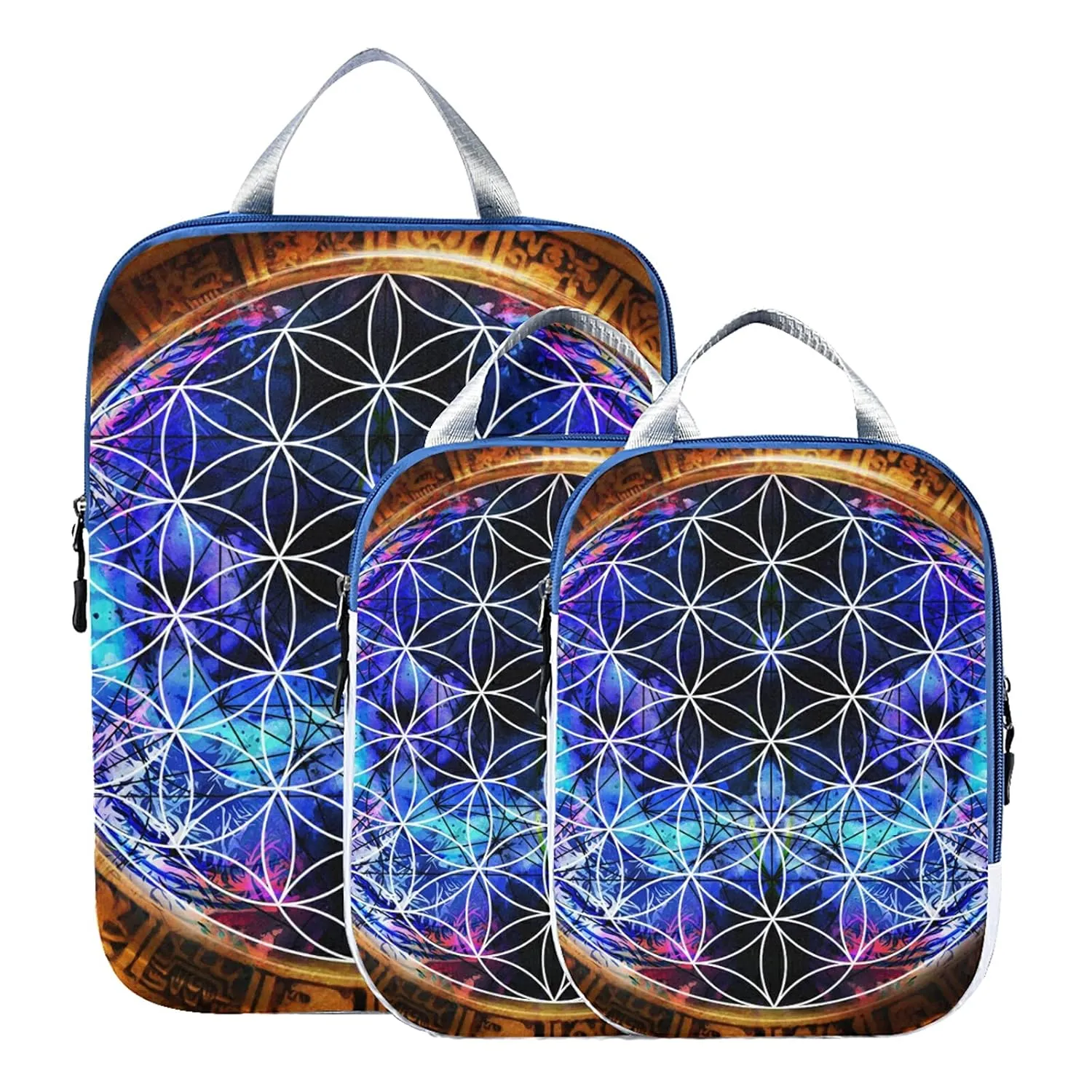 Ancient Mayan Calendar Purple Gold Pattern Flower of Life 3 Set Packing Cubes, Waterproof Check Oxford cloth Organizers, Travel Packing Toiletry Storage Bag