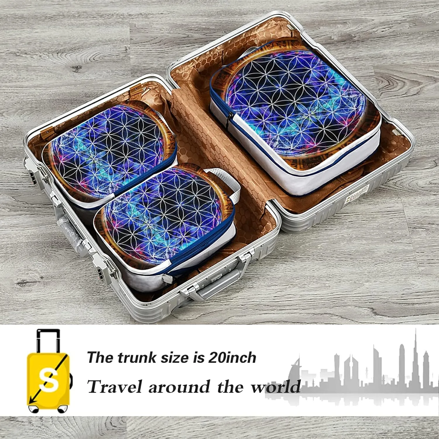Ancient Mayan Calendar Purple Gold Pattern Flower of Life 3 Set Packing Cubes, Waterproof Check Oxford cloth Organizers, Travel Packing Toiletry Storage Bag