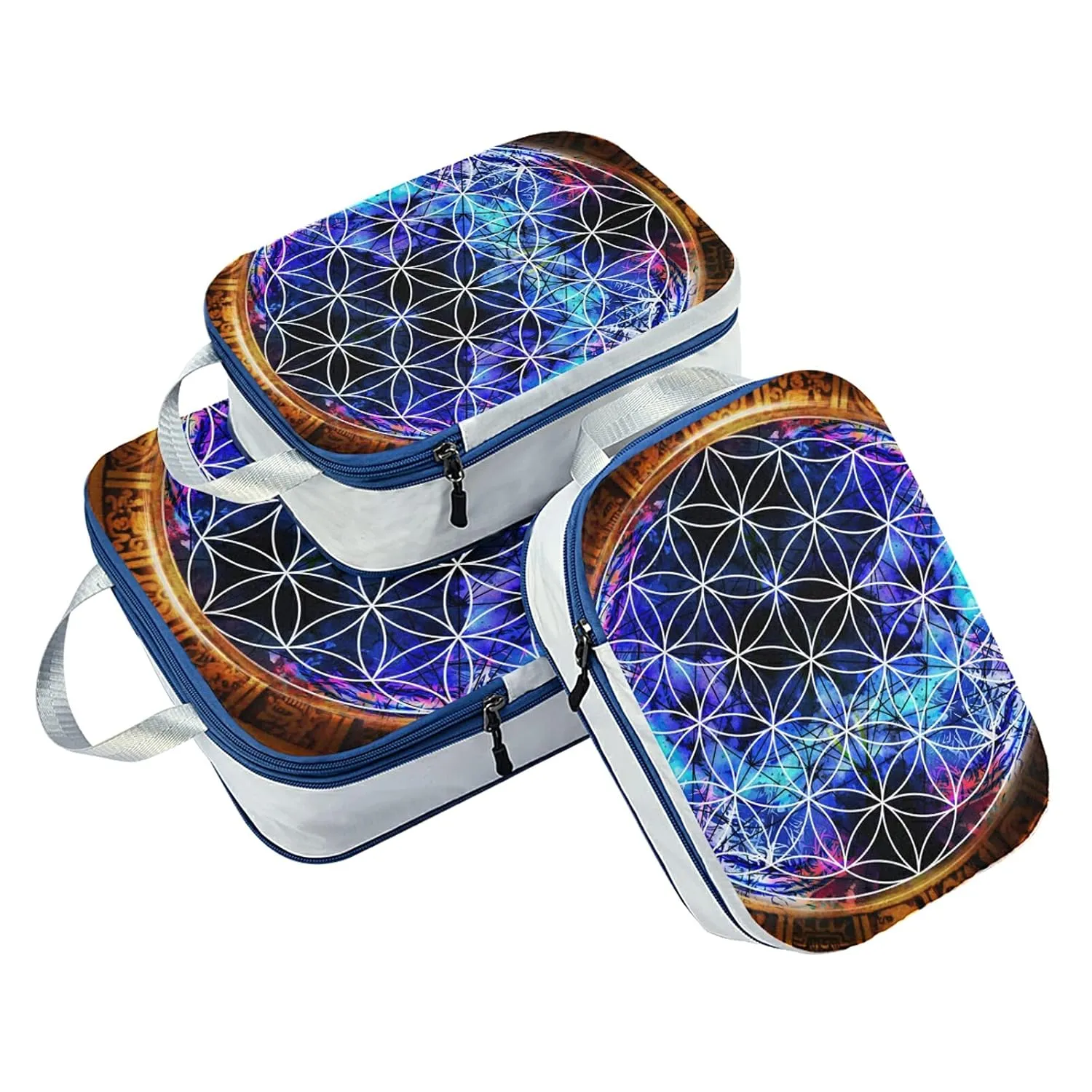 Ancient Mayan Calendar Purple Gold Pattern Flower of Life 3 Set Packing Cubes, Waterproof Check Oxford cloth Organizers, Travel Packing Toiletry Storage Bag