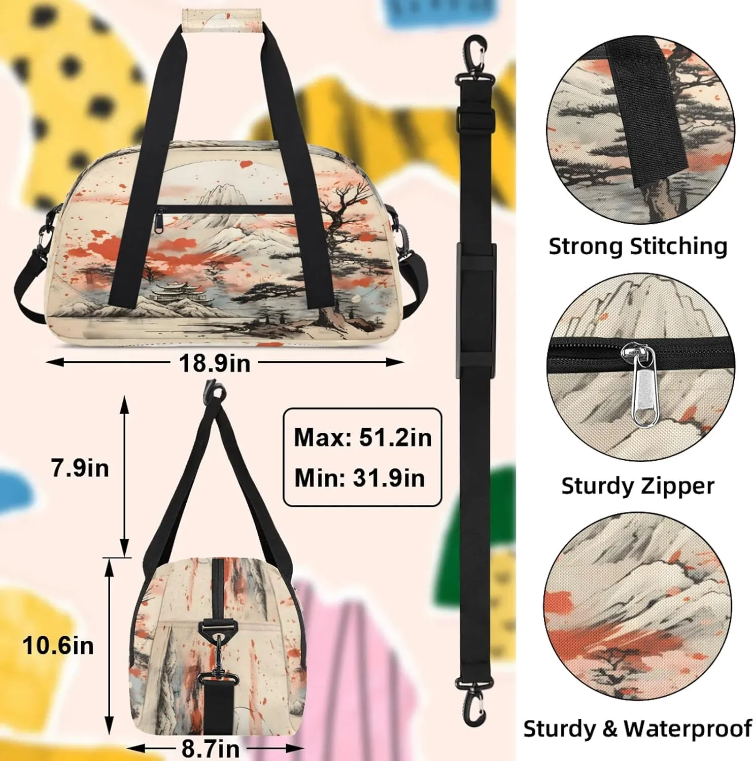 Asian Japanese Chinese Small Gym Bag 18 inch Carry On Duffel Bag for Weekender Travel Sports Workout Yoga Gymnastics Dance Ballet