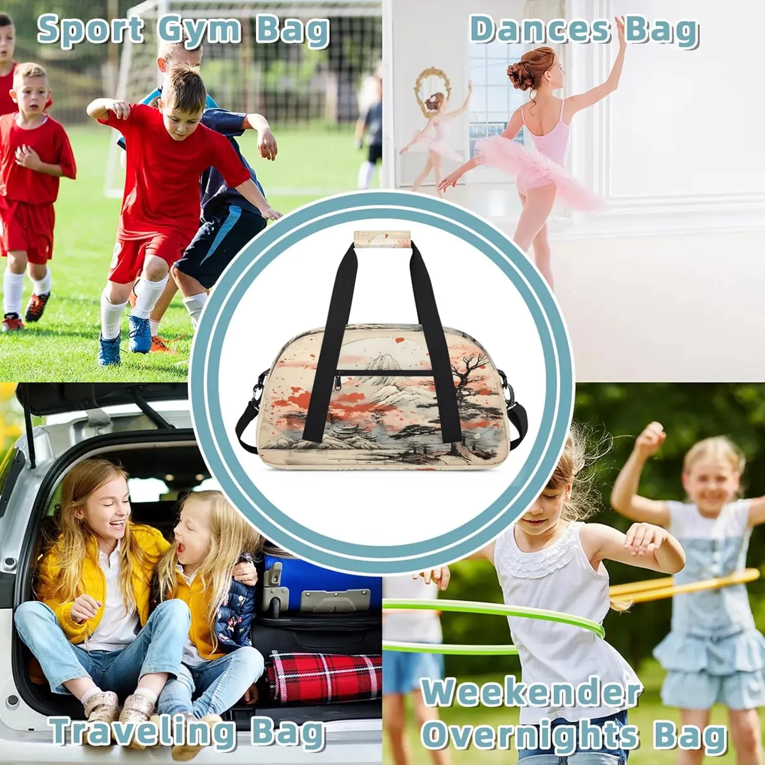 Asian Japanese Chinese Small Gym Bag 18 inch Carry On Duffel Bag for Weekender Travel Sports Workout Yoga Gymnastics Dance Ballet